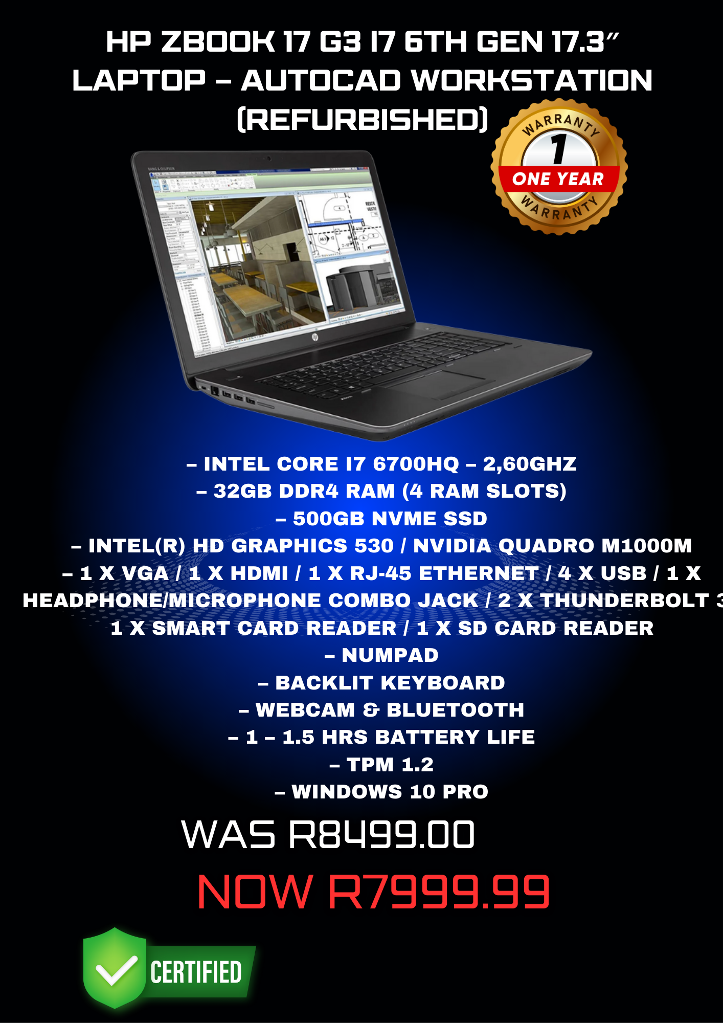 HP ZBook 17 G3 i7 6th Gen 17.3″ Laptop – AutoCad Workstation (Refurbished)