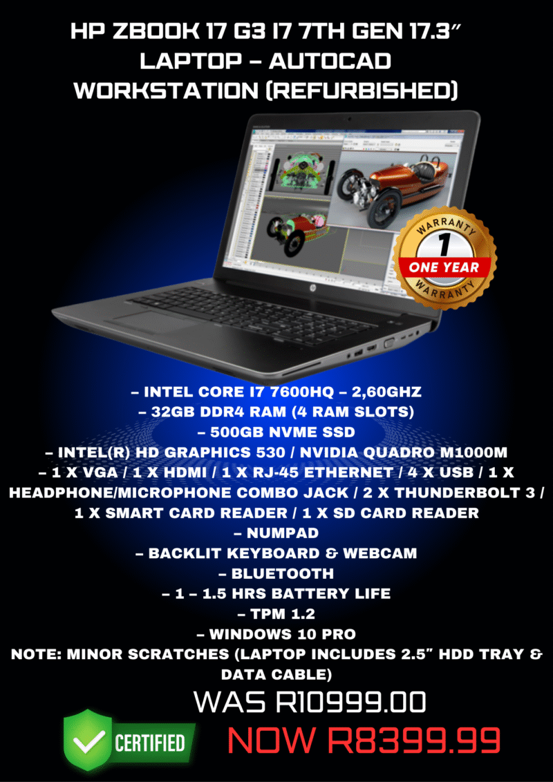HP ZBook 17 G3 i7 7th Gen 17.3″ Laptop – AutoCad Workstation (Refurbished)