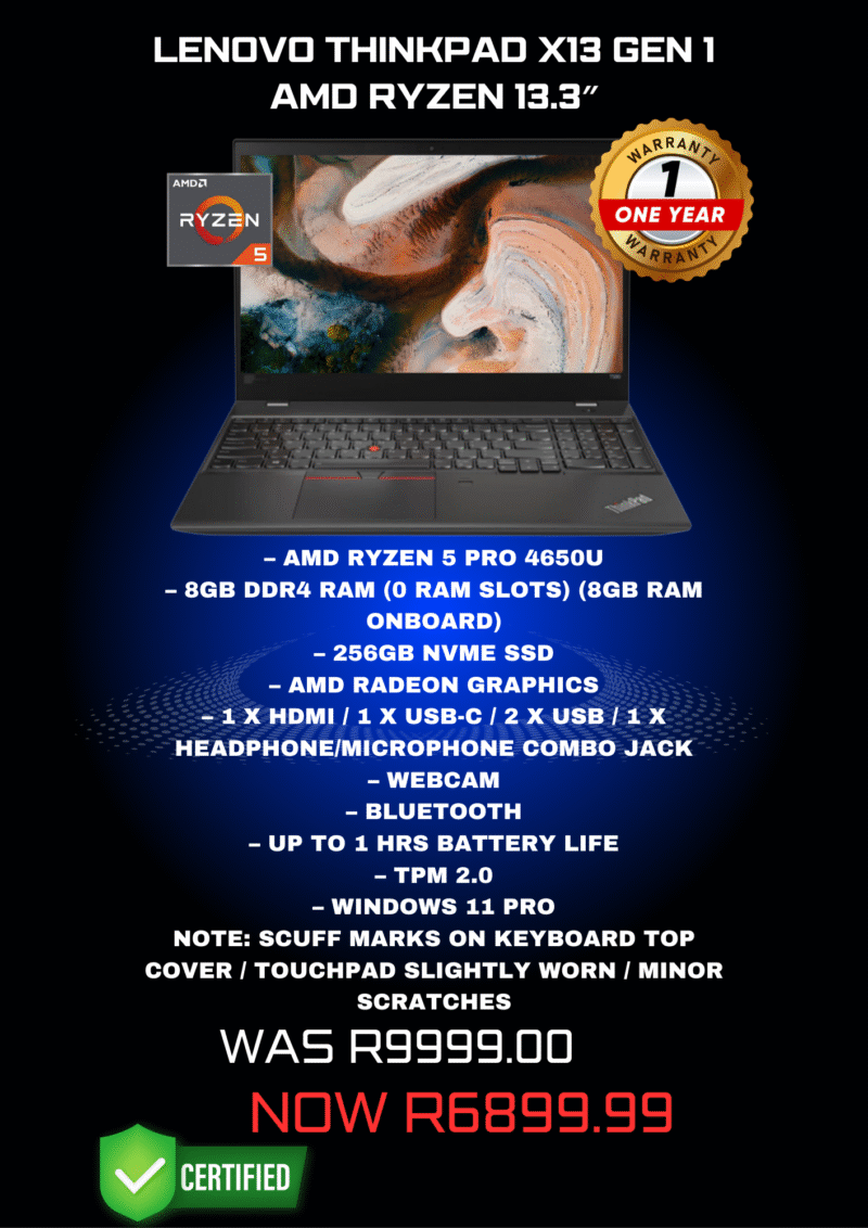 Lenovo ThinkPad X13 Gen 1 AMD Ryzen 13.3″ Laptop (Refurbished)