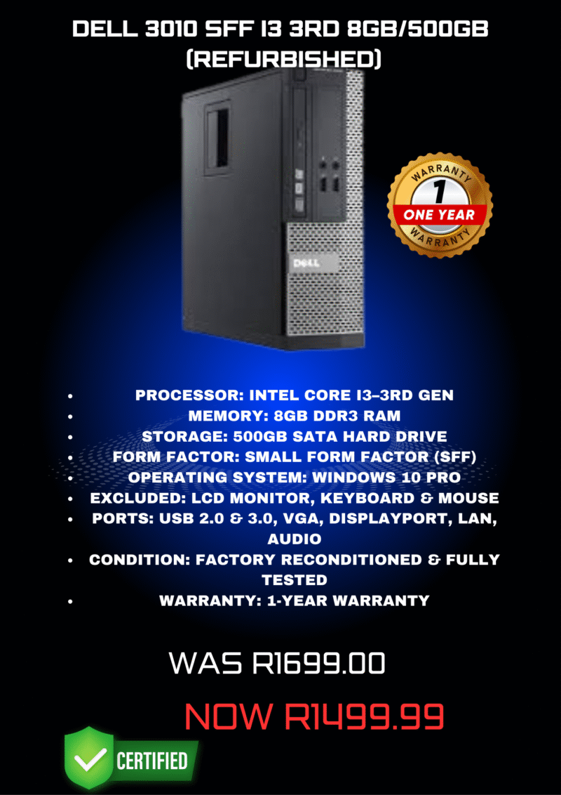 DELL 3010 SFF I3 3RD 8GB/500GB  (Refurbished)
