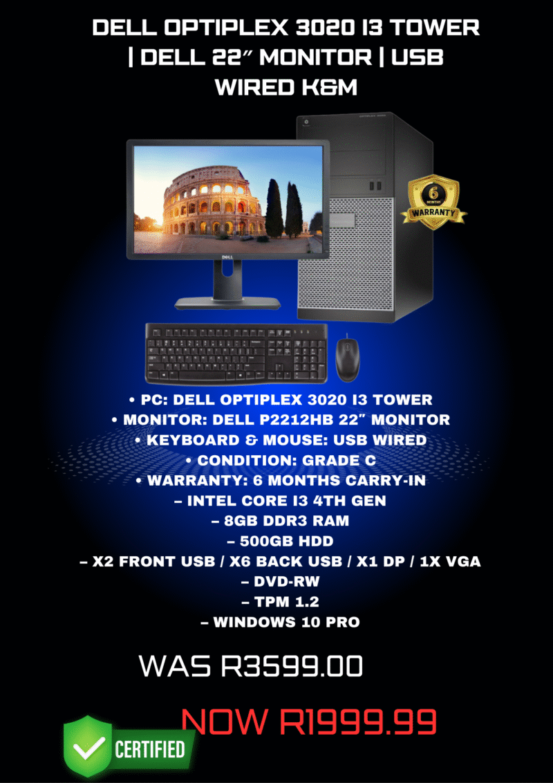 Dell Optiplex 3020 i3 Tower | Dell 22″ Monitor | USB Wired K&M (Refurbished)