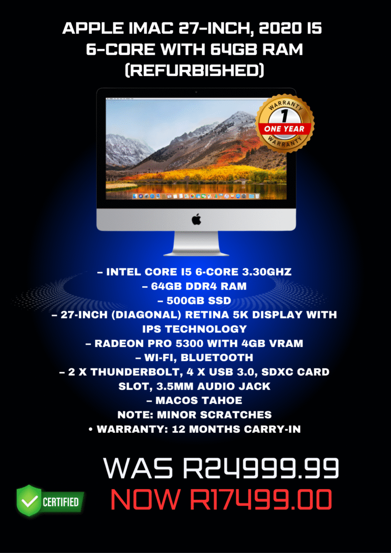 Apple iMac 27Inch, 2020 i5 6-Core 64GB RAM (Refurbished)