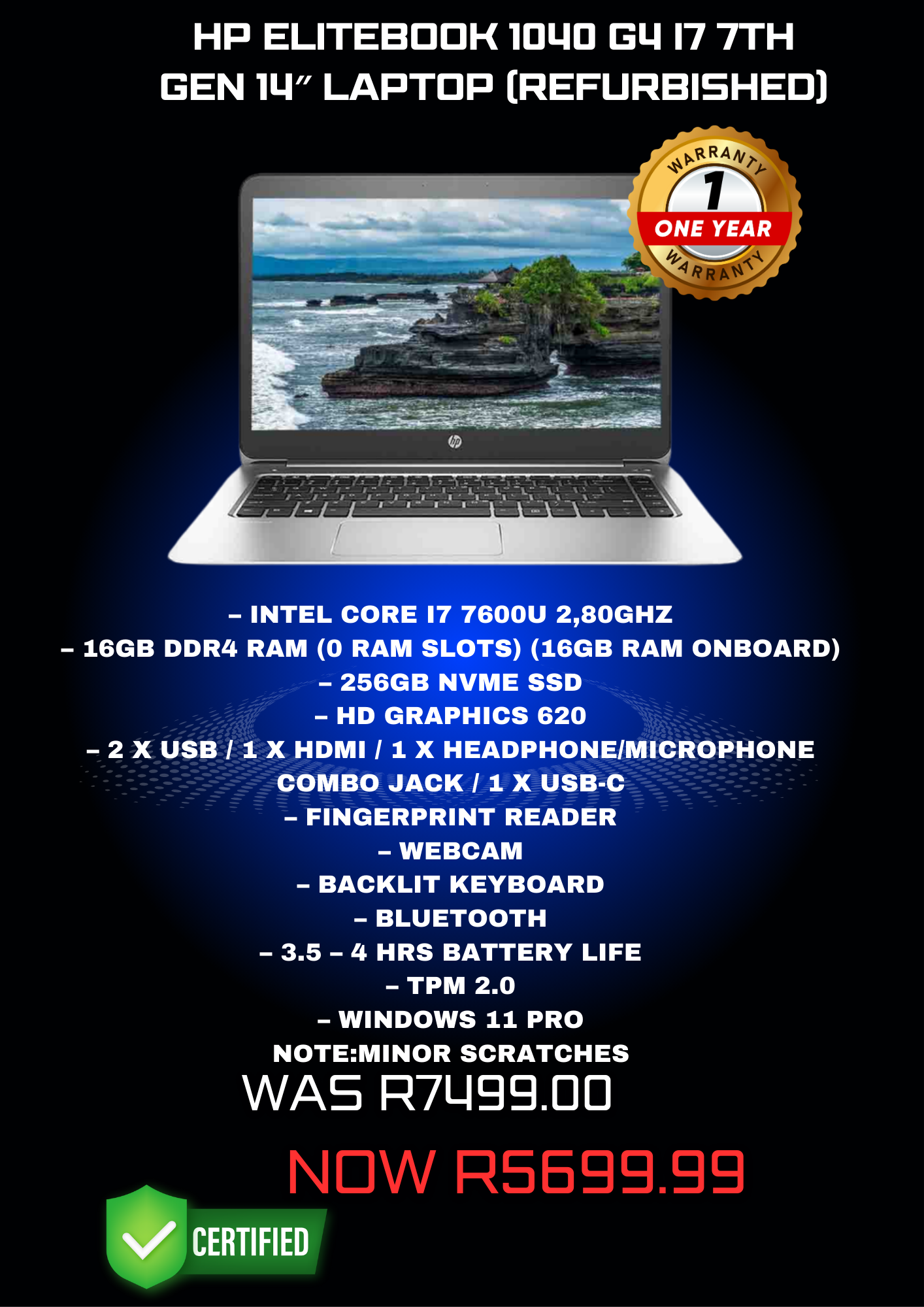 HP Elitebook 1040 G4 i7 7th Gen 14″ Laptop (Refurbished)