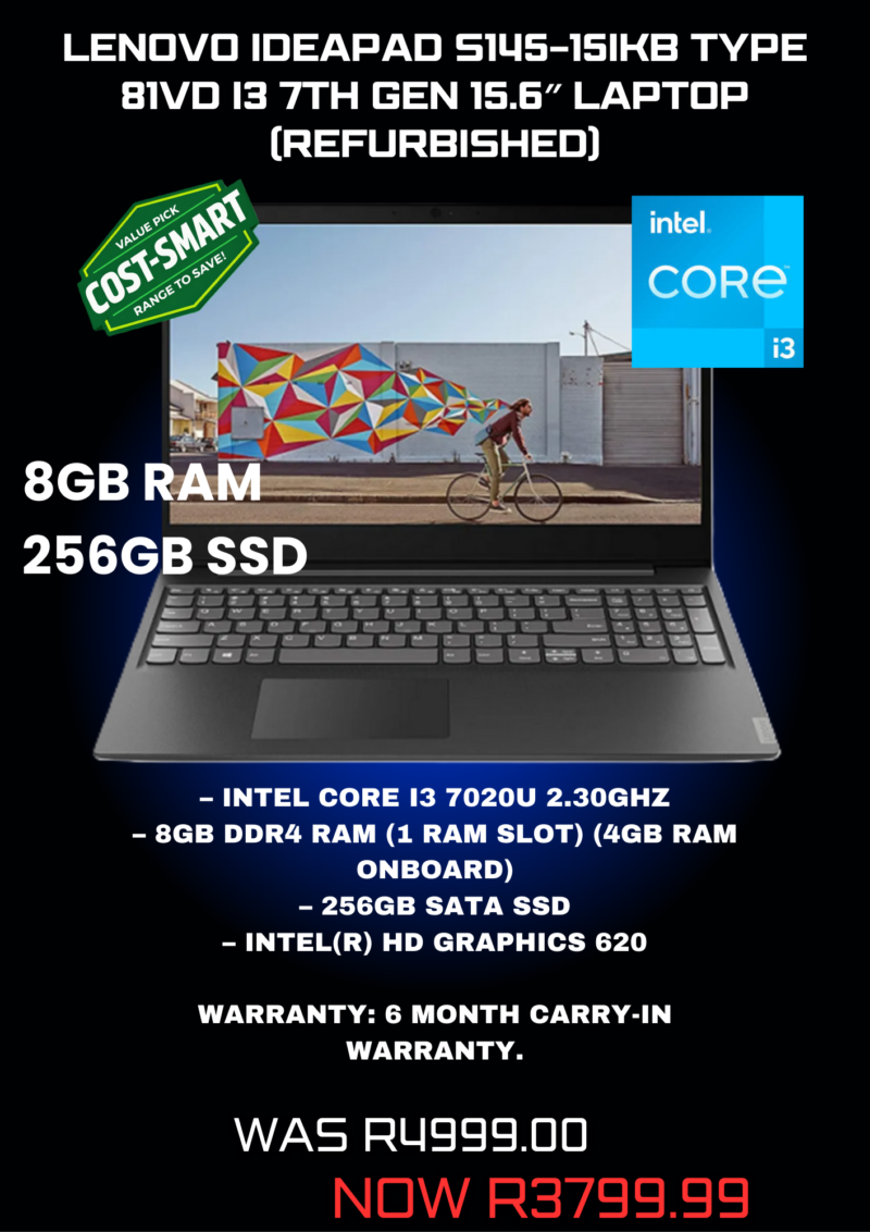 Lenovo IdeaPad S145-15IKB Type 81VD i3 7th Gen 15.6″ Laptop (Refurbished)