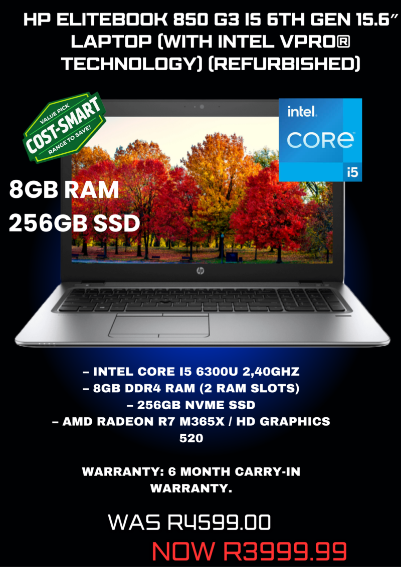 HP Elitebook 850 G3 i5 6th Gen 15.6″ Laptop (with Intel vPro® Technology) (Refurbished)