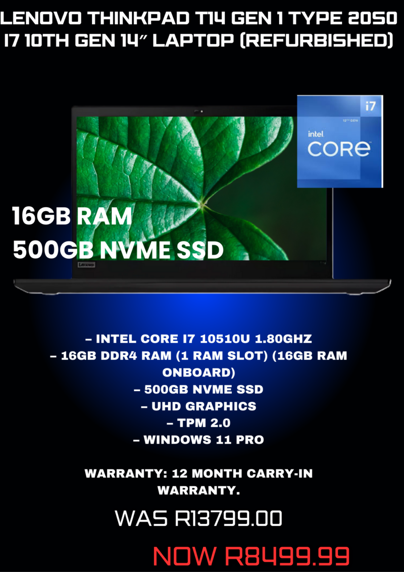 Lenovo ThinkPad T14 Gen 1 Type 20S0 i7 10th Gen 14″ Laptop (Refurbished)