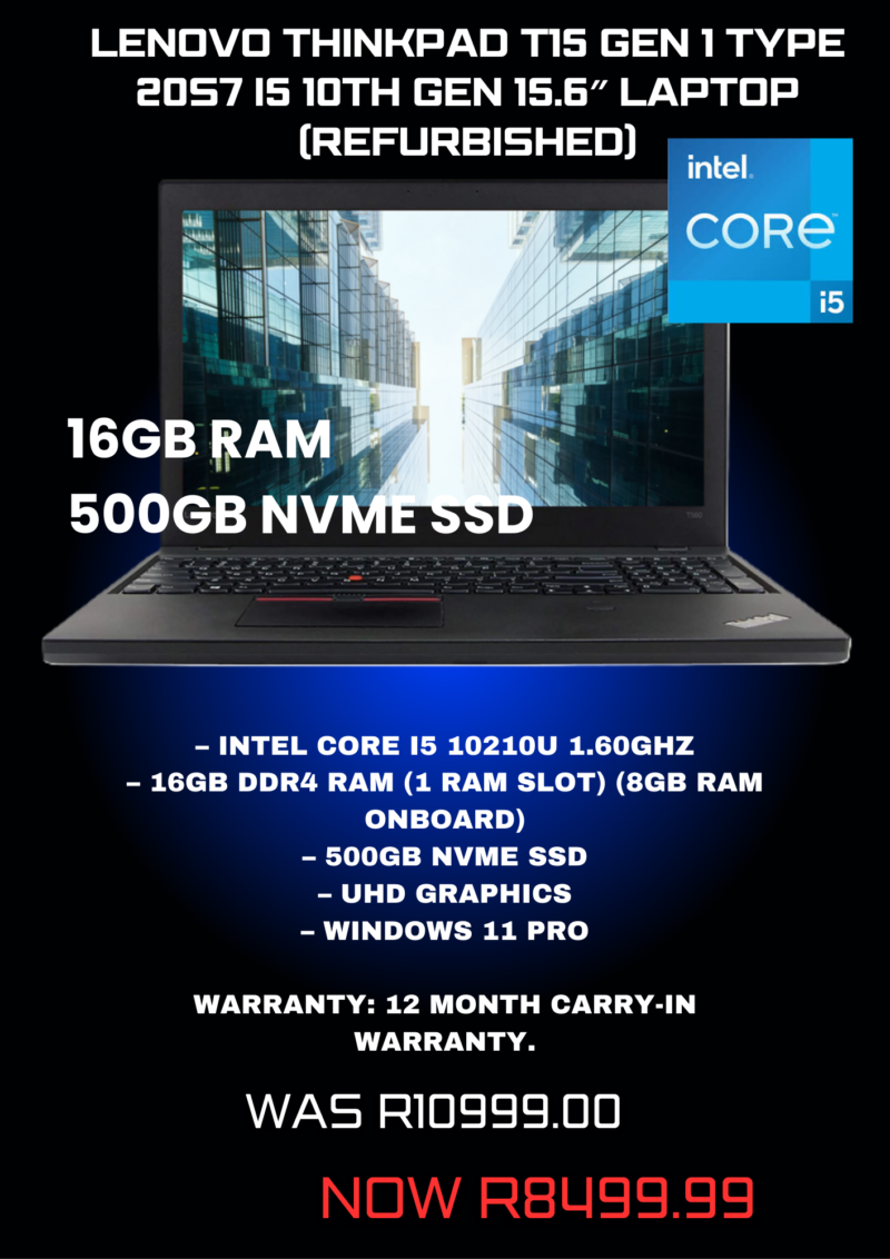 Lenovo ThinkPad T15 Gen 1 Type 20S7 i5 10th Gen 15.6″ Laptop (Refurbished)