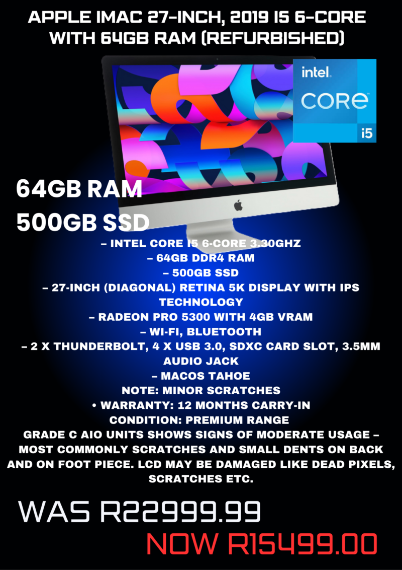 Apple iMac 27-Inch, 2019 i5 6-Core with 64GB RAM (Refurbished)