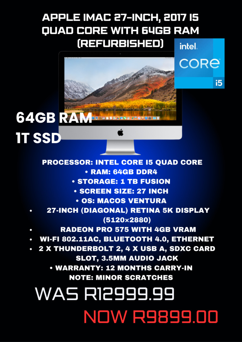 Apple iMac 27-Inch, 2017 i5 Quad Core with 64GB RAM (Refurbished)