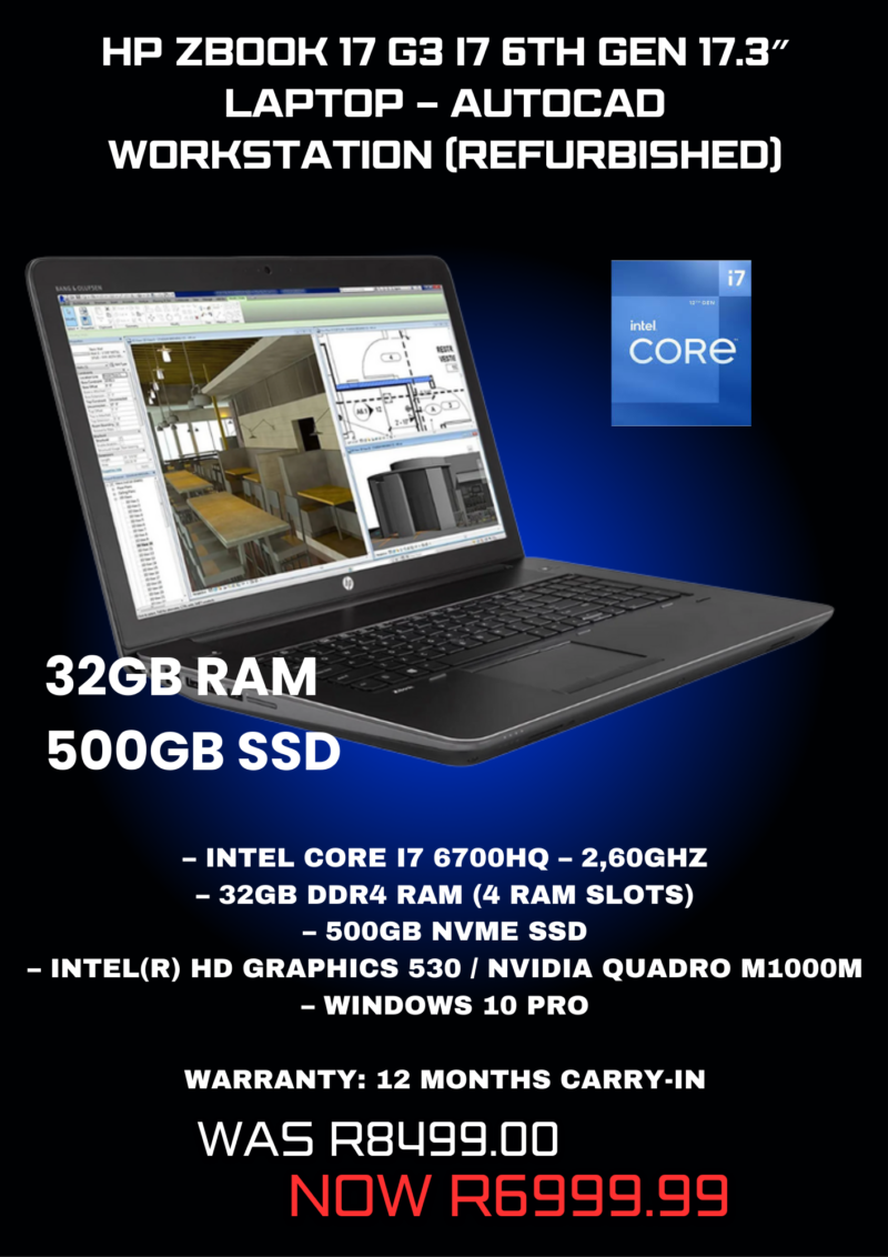 HP ZBook 17 G3 i7 6th Gen 17.3″ Laptop – AutoCad Workstation (Refurbished)