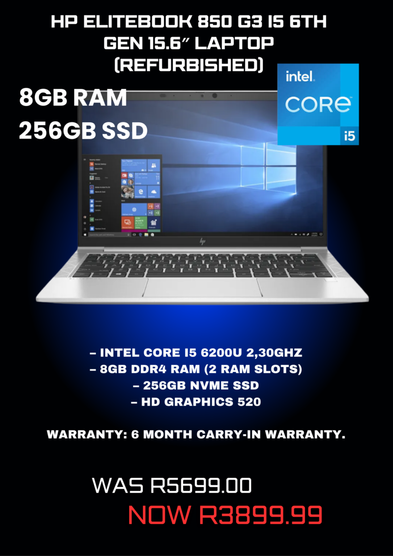 HP Elitebook 850 G3 i5 6th Gen 15.6″ Laptop (Refurbished)
