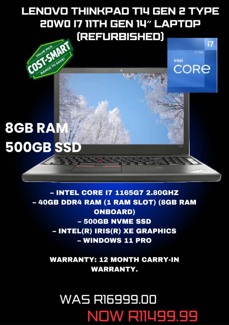 Lenovo ThinkPad T14 Gen 2 Type 20W0 i7 11th Gen 14″ Laptop (Refurbished)