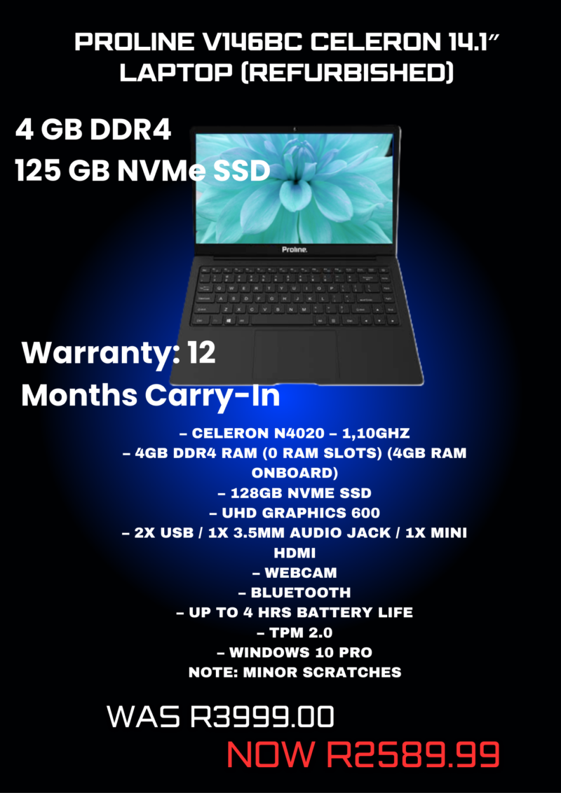 Proline V146BC Celeron 14.1″ Laptop (Refurbished)