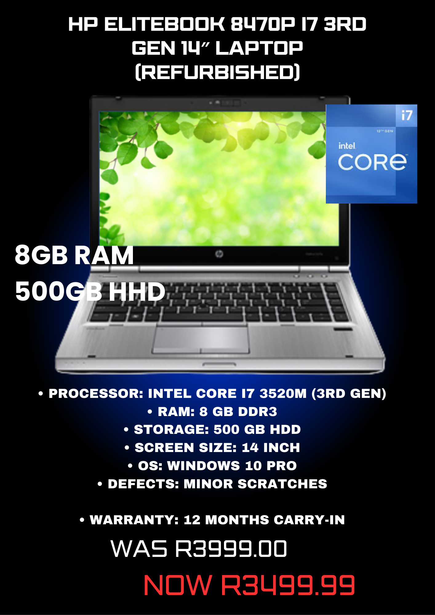 HP EliteBook 8470P i7 3rd Gen 14″ Laptop (Refurbished)