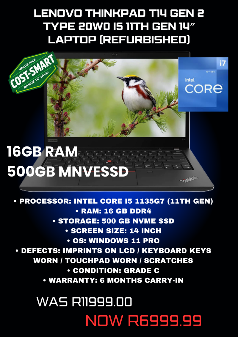 Lenovo ThinkPad T14 Gen 2 Type 20W0 i5 11th Gen 14″ Laptop (Refurbished)