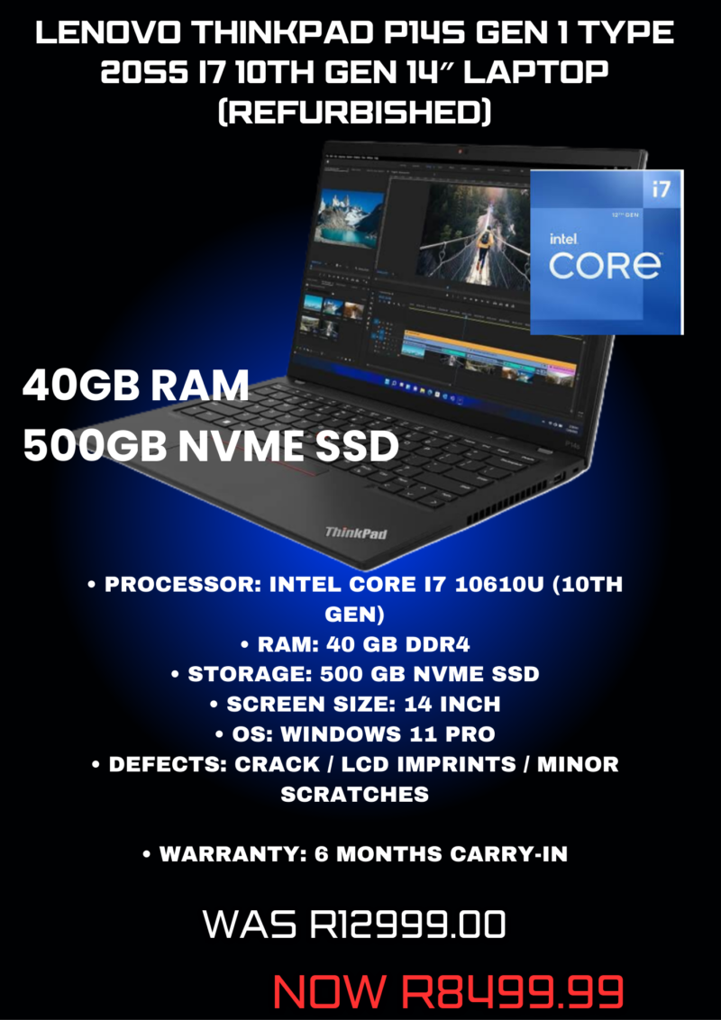 Lenovo ThinkPad P14s Gen 1 Type 20S5 i7 10th Gen 14″ Laptop (Refurbished)